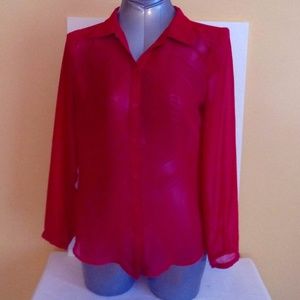 Bright berry color semi sheer button front blouse